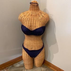 2 piece, navy blue strapless swim